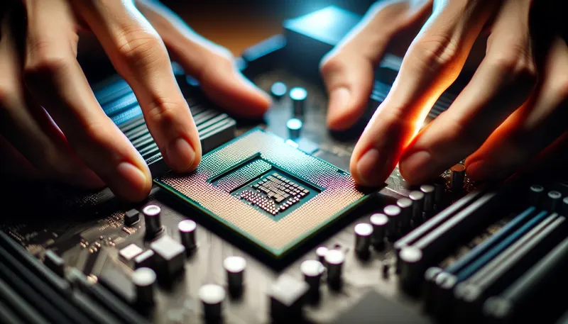 Cận cảnh quá trình lắp CPU AMD Ryzen 9 7950X3D vào socket AM5 trên mainboard.