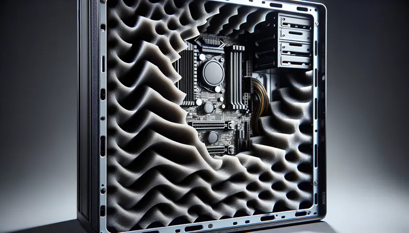 Cận cảnh tấm mút tiêu âm chuyên dụng được trang bị bên trong một vỏ case PC cách âm.