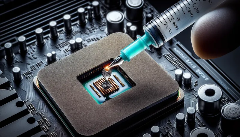 Cận cảnh tra keo tản nhiệt Thermal Grizzly Kryonaut lên bề mặt CPU AMD Ryzen.