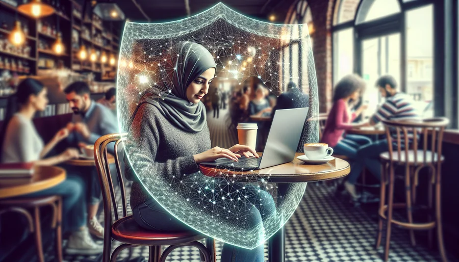 Cảnh người dùng laptop với lớp bảo vệ VPN trong quán cà phê.