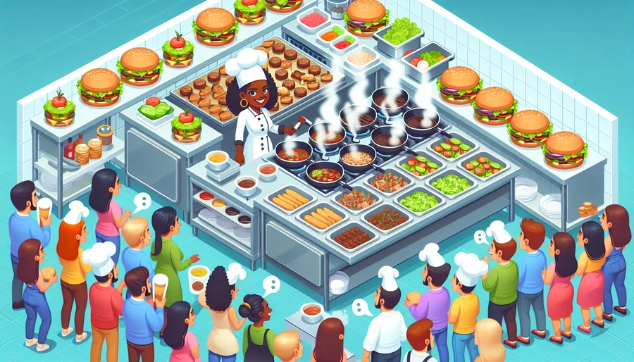 Cảnh quản lý nhà hàng bận rộn trong game nấu ăn offline Cooking Madness.