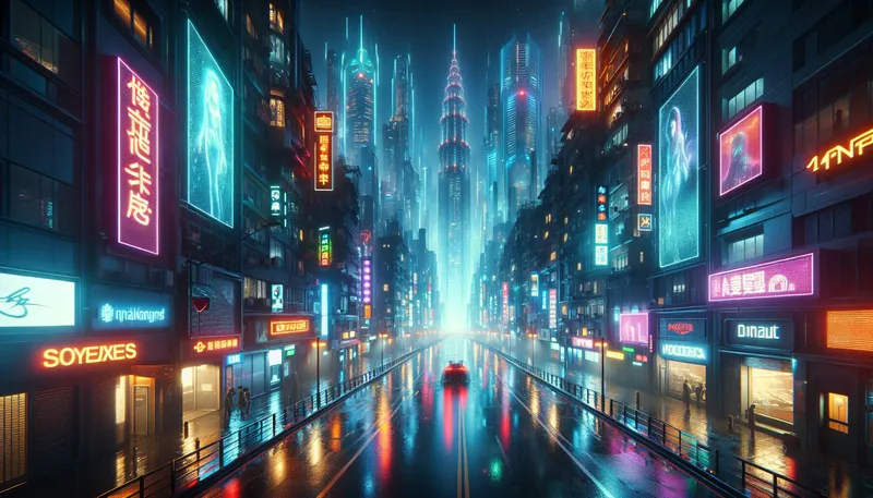 Cảnh quan Night City trong game Cyberpunk 2077 với đồ họa Ray Tracing Overdrive, ánh đèn neon phản chiếu trên đường phố ẩm ướt.