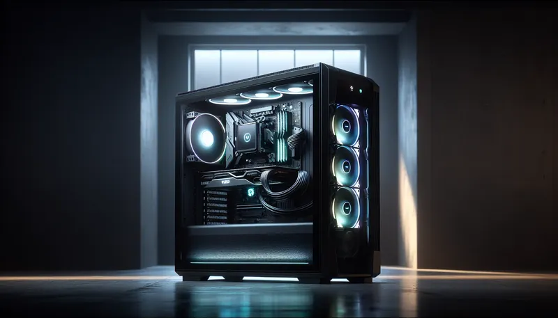 Case PC render chuyên nghiệp cho studio với CPU Core i9, tản nhiệt nước AIO 360mm và VGA RTX 4080.