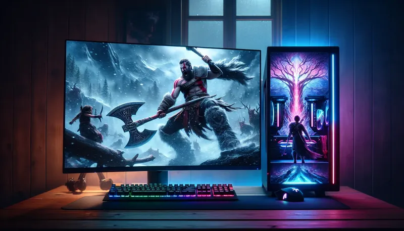 Cấu hình PC chơi game Elden Ring và God of War mạnh mẽ với hai màn hình hiển thị hai tựa game bom tấn.