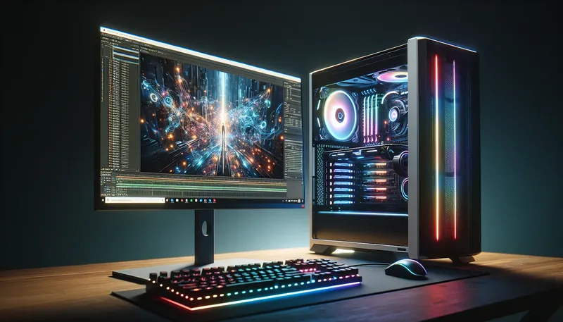 Cấu hình PC chuyên dụng cho After Effects và VFX hiển thị một project phức tạp trên màn hình.