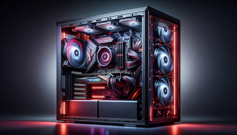 Cấu hình PC render 50 triệu tối ưu với CPU AMD Ryzen 9 7900X, tản nhiệt khí và đèn LED đỏ.