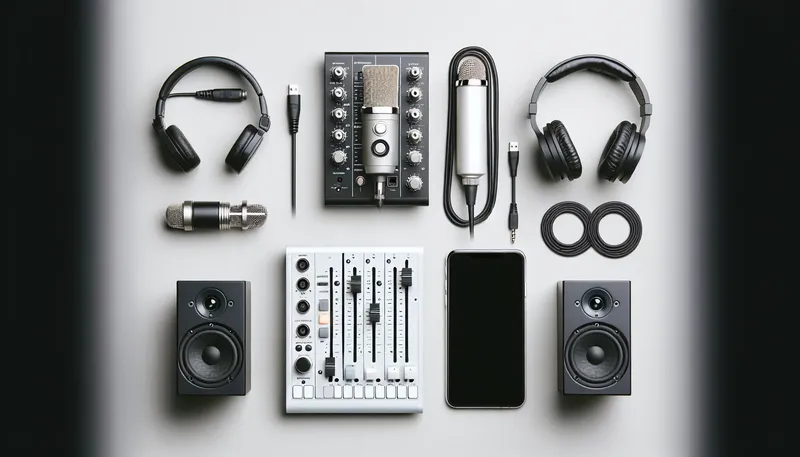 Checklist các thiết bị cần thiết để kết nối sound card với máy tính, bao gồm micro, loa, tai nghe và dây cáp.