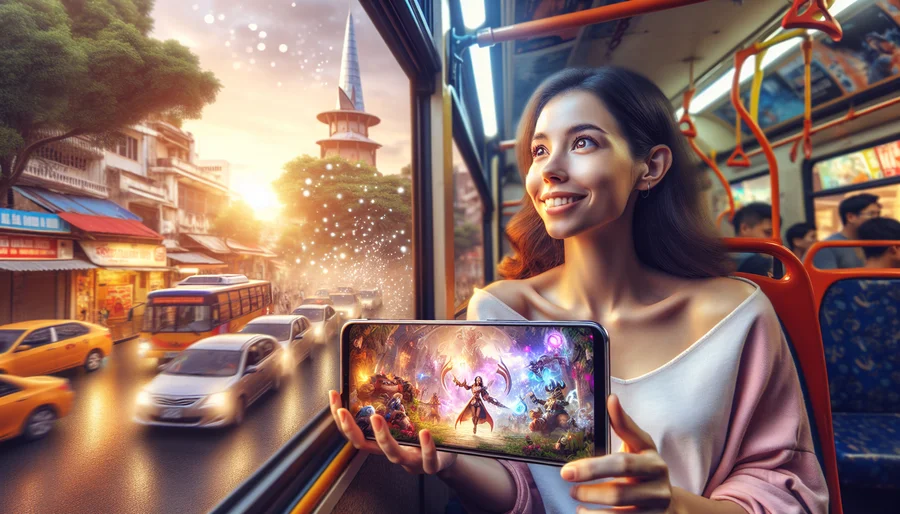 Chơi game MMORPG mobile mọi lúc mọi nơi trên xe buýt.