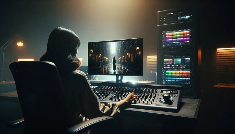 Chuyên gia đang chỉnh màu video RAW 4K trong một phòng color grading chuyên nghiệp.