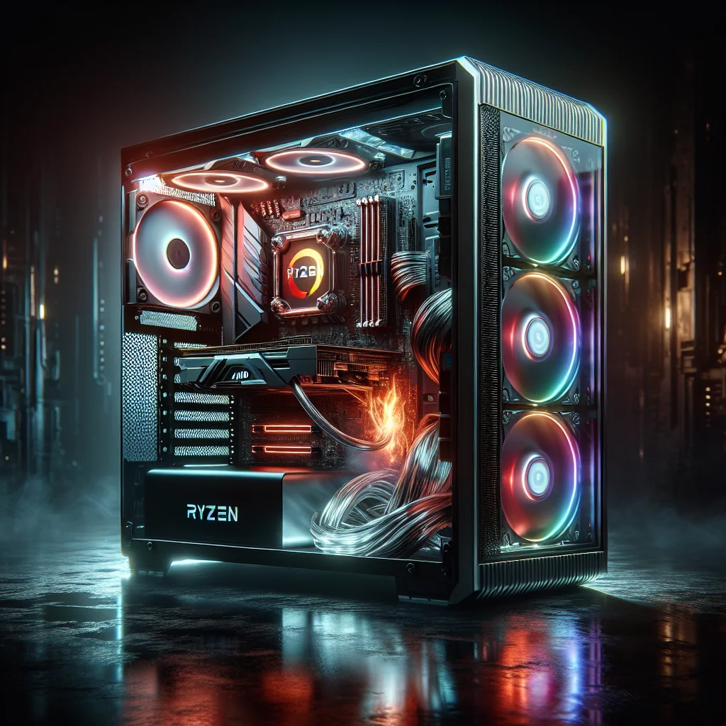 Dàn PC gaming cao cấp với CPU AMD Ryzen 9 đang hoạt động, tỏa nhiệt mạnh mẽ.