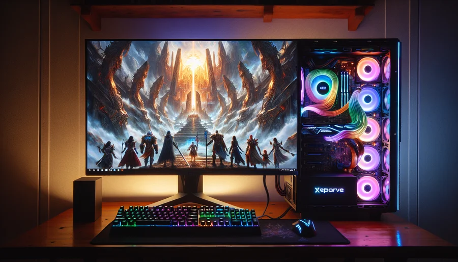 Dàn PC gaming cấu hình cao đang hiển thị một cảnh game MMORPG đồ họa choáng ngợp.