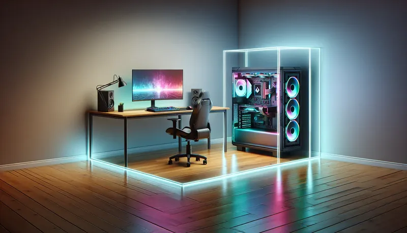 Dàn PC gaming được đặt trên bàn làm việc sạch sẽ, thoáng đãng để hạn chế bụi bẩn.