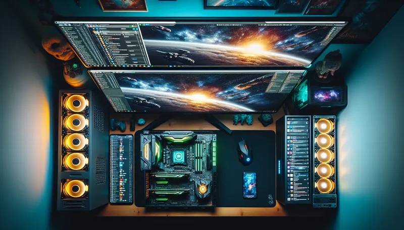 Dàn PC gaming với 32GB RAM chạy mượt mà game AAA, streaming và đa nhiệm nhiều ứng dụng.