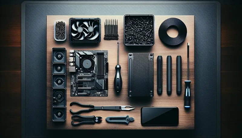 Dụng cụ cần thiết để tự build PC tại nhà được sắp xếp gọn gàng trên bàn làm việc.