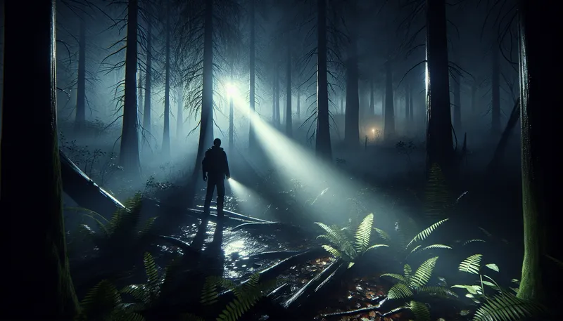 Game kinh dị Alan Wake 2 sử dụng Path Tracing để tạo ra hiệu ứng ánh sáng đèn pin và bóng tối chân thực trong khu rừng rậm.