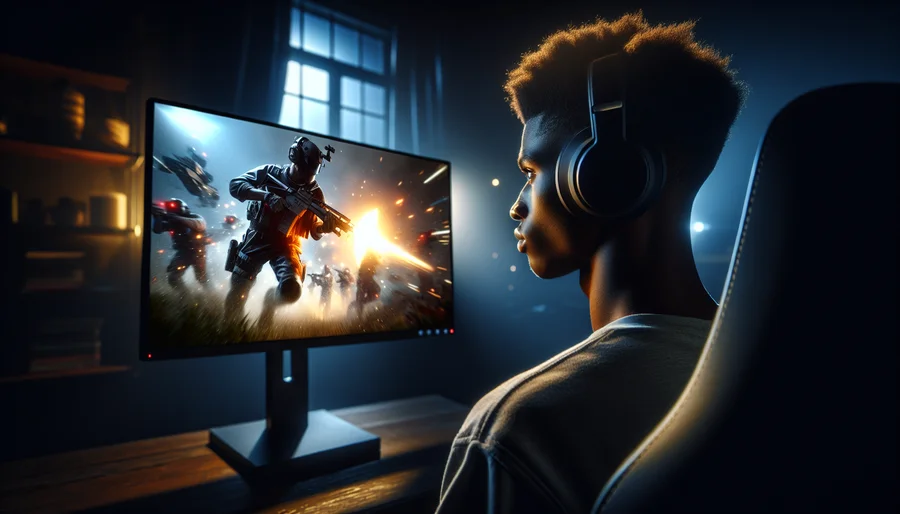 Game thủ đang tập trung cao độ vào trận đấu súng trong game FPS trên màn hình gaming 144Hz sắc nét.