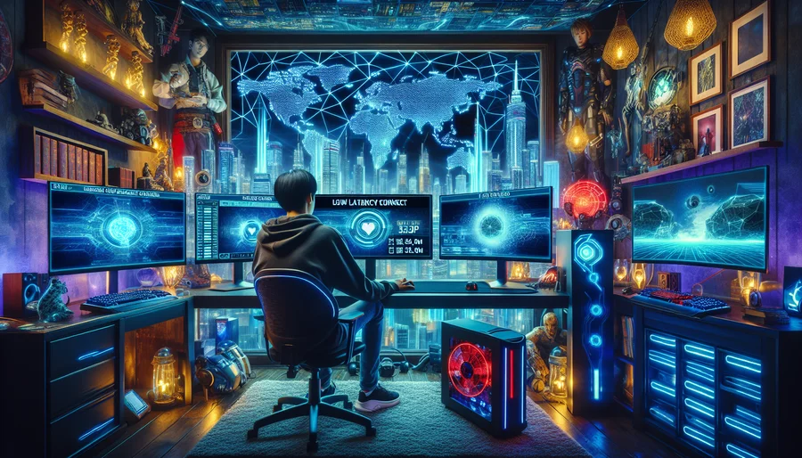 Game thủ chơi game với VPN, kết nối máy chủ Nhật Bản và Hàn Quốc với ping thấp.