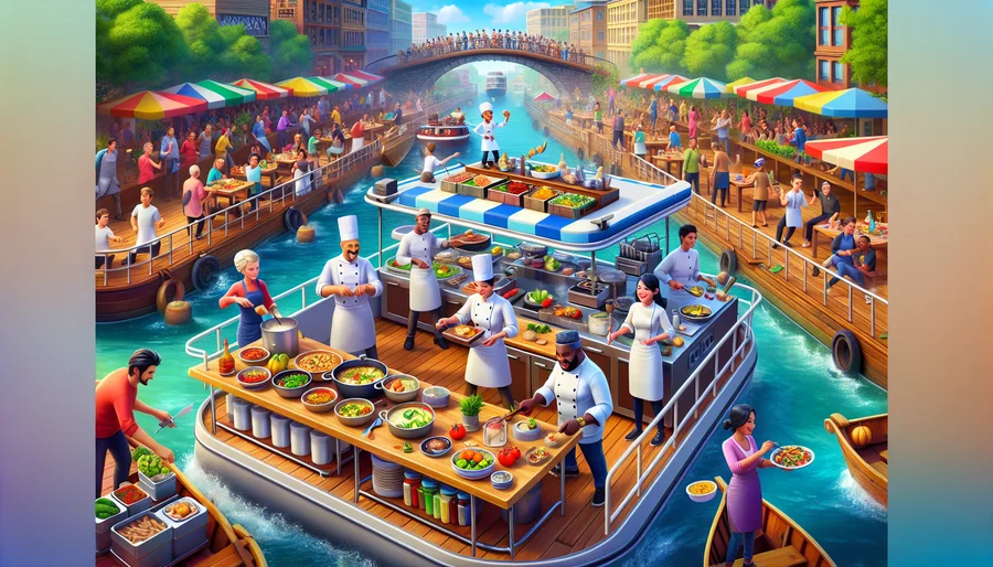 Gameplay game Overcooked! 2 với căn bếp di động trên sông đòi hỏi phối hợp đồng đội.