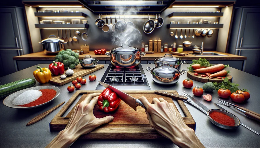 Gameplay mô phỏng nấu ăn chân thực với cơ chế vật lý trong game Cooking Simulator.