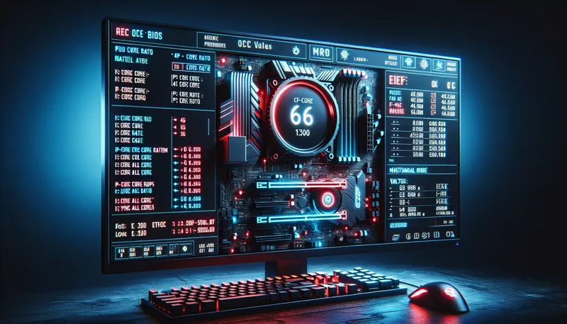 Giao diện BIOS/UEFI của mainboard Z790 đang tinh chỉnh thông số ép xung CPU Core Ratio và Vcore.