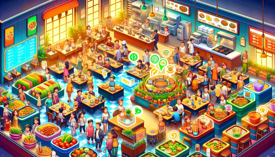 Giao diện game bán hàng nấu ăn Cooking Fever với nhiều khách hàng đang chờ đợi.