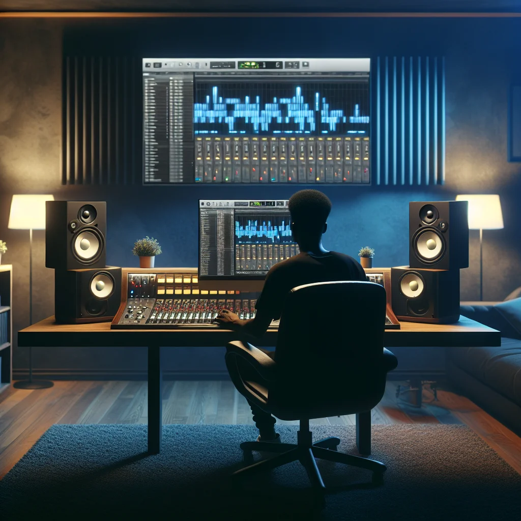 Giao diện phần mềm làm nhạc với các VST plugin đang hoạt động trên màn hình máy tính trong một phòng thu tại nhà.