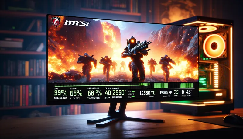 Giao diện phần mềm MSI Afterburner hiển thị thông số GPU usage 99% và CPU usage 60% khi chơi game, là dấu hiệu của nghẽn cổ chai card đồ họa.