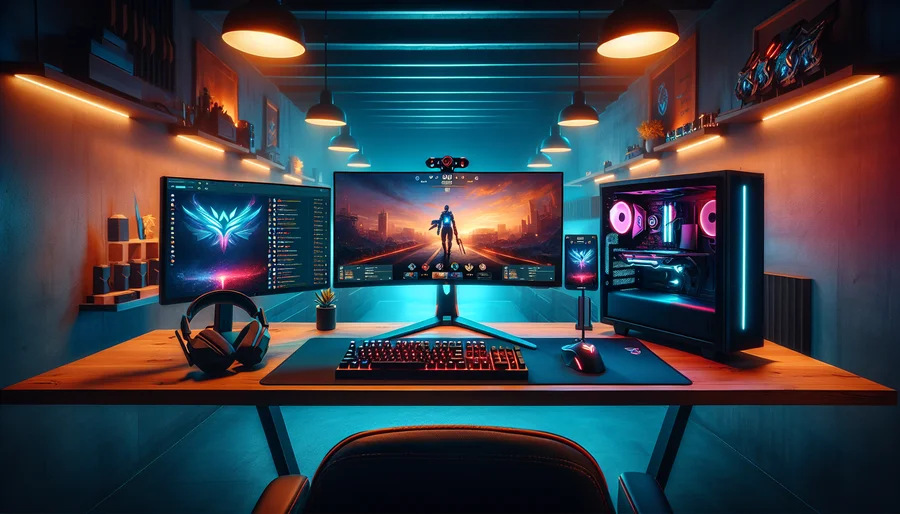 Góc máy chơi game hoàn chỉnh với màn hình 144Hz, bàn phím cơ, chuột gaming và các thiết bị ngoại vi khác.