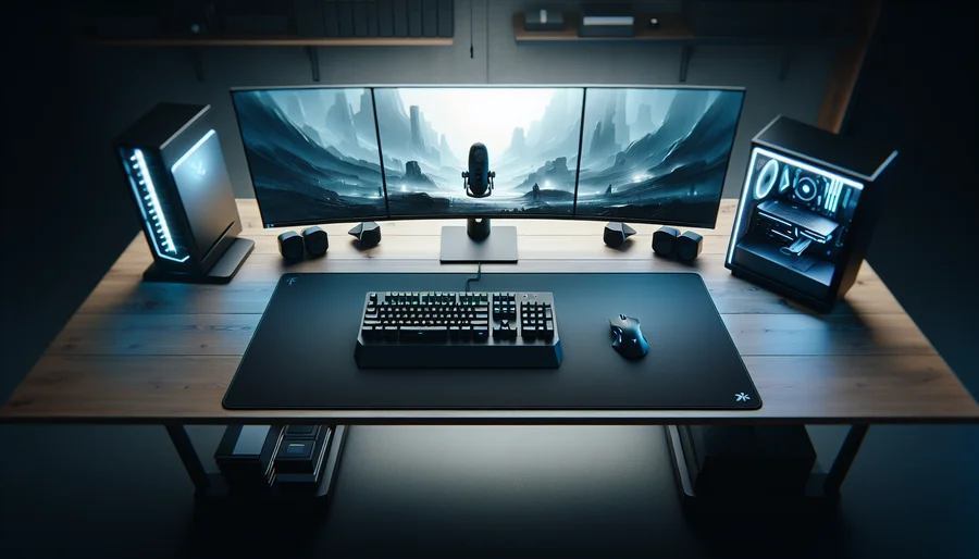 Góc máy gaming với tấm lót chuột kích thước lớn XL (deskmat), tối ưu không gian cho game thủ dùng eDPI thấp.