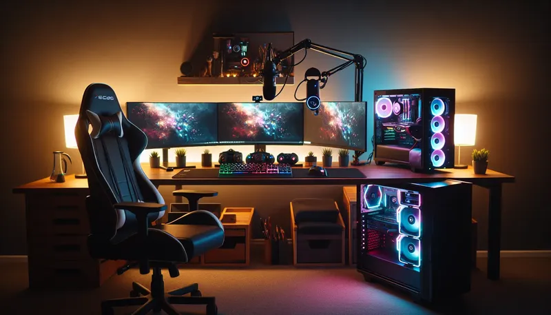 Góc streamer chuyên nghiệp với đầy đủ phụ kiện: màn hình 144Hz, micro, webcam, tai nghe.