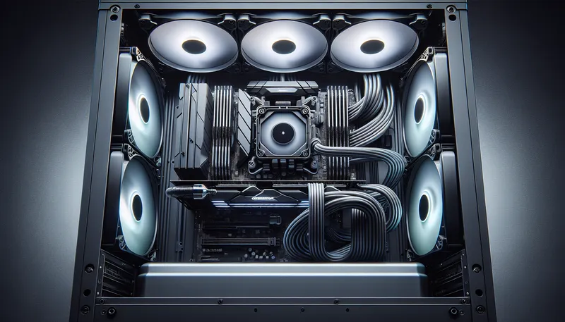 Hệ thống PC Xeon sử dụng tản nhiệt nước AIO, mang lại không gian thoáng đãng quanh socket CPU và vẻ ngoài hiện đại.