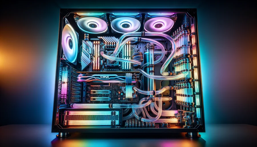 Hệ thống tản nhiệt nước custom với ống cứng và đèn RGB, đỉnh cao về hiệu năng và thẩm mỹ cho PC.