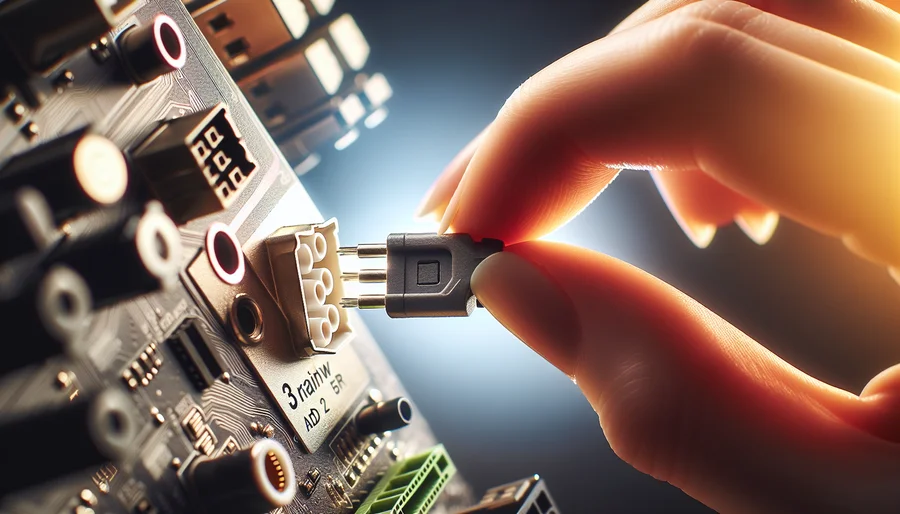 Hình ảnh cận cảnh hướng dẫn cắm dây LED ARGB 3-pin vào đúng cổng 5V trên bo mạch chủ.