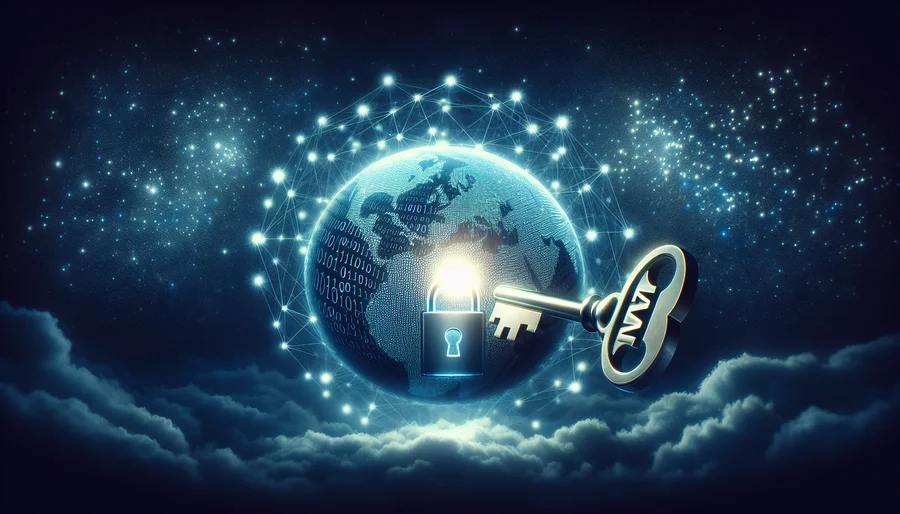 Hình ảnh chìa khóa VPN mở khóa quả cầu kỹ thuật số, tượng trưng cho internet.