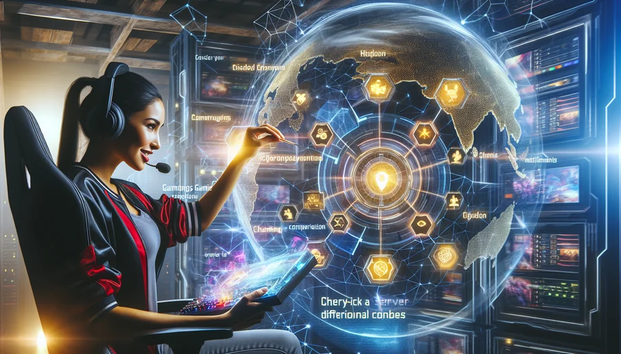 Hình ảnh game thủ trong phòng chơi game tương lai, chọn máy chủ qua VPN.