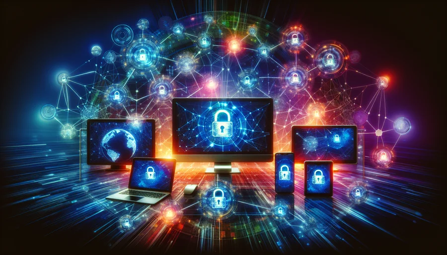 Hình ảnh ghép các thiết bị kỹ thuật số kết nối qua VPN.