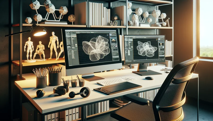 Hình ảnh không gian làm việc chuyên nghiệp cho nghệ sĩ 3D với máy tính hiệu suất cao và phần mềm 3ds Max.