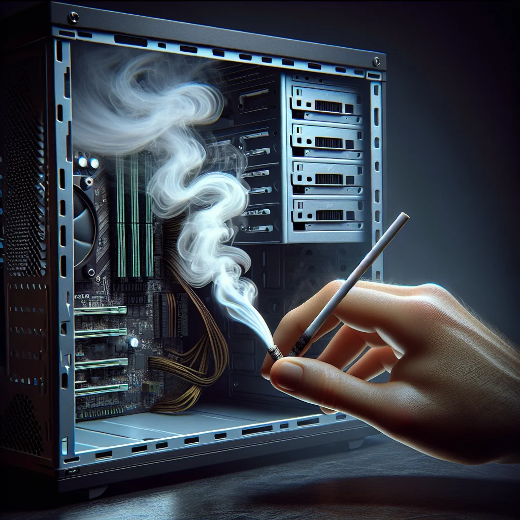 Hình ảnh kiểm tra luồng gió thực tế bằng phương pháp khói, cho thấy khói bị đẩy ra khỏi case chứng tỏ hệ thống đạt áp suất dương.