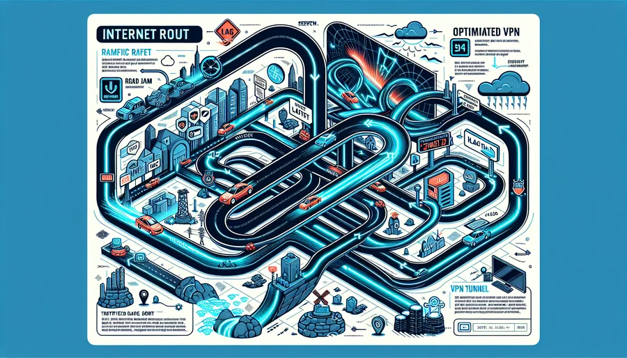 Hình ảnh kiểu đồ họa thông tin so sánh giữa tuyến internet truyền thống và tuyến VPN tối ưu hóa cho chơi game.