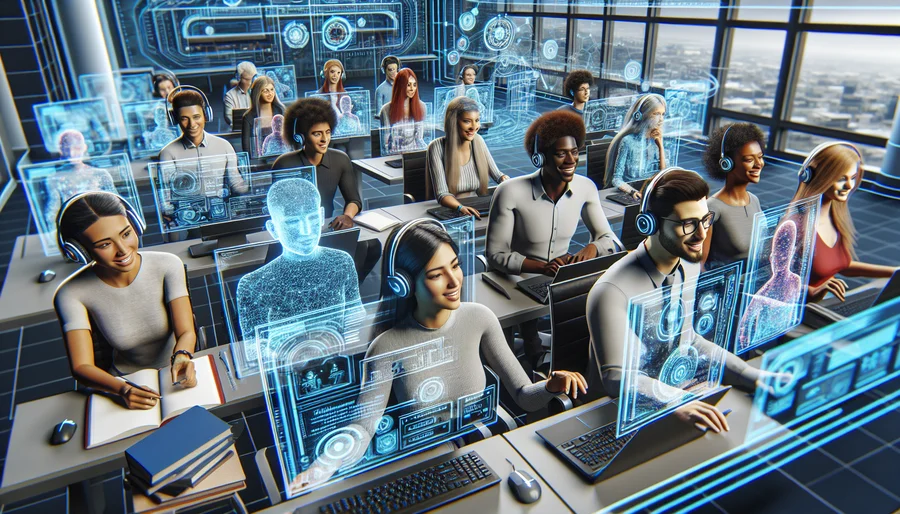 Hình ảnh lớp học ảo nơi học sinh từ nhiều nơi khác nhau cùng học 3ds Max qua màn hình holographic.