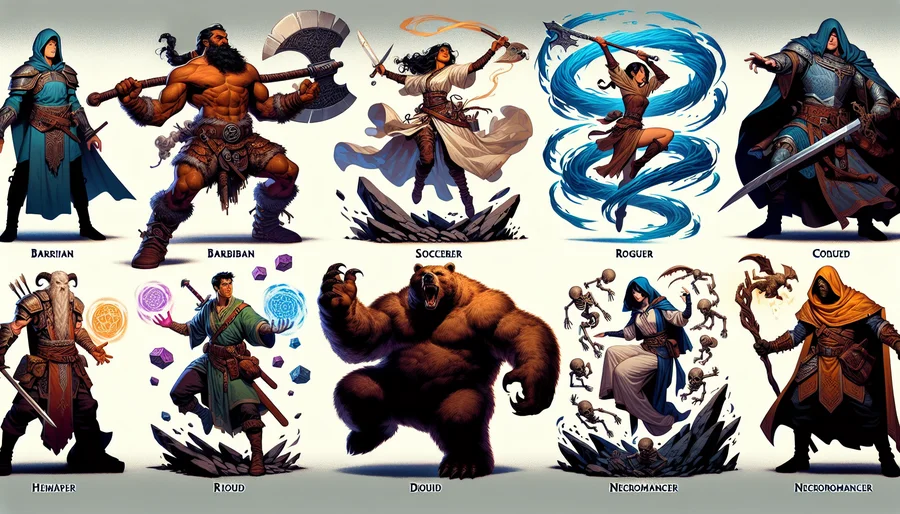 Hình ảnh minh họa các lớp nhân vật trong Diablo 4 với Barbarian, Sorcerer, Rogue, Druid, và Necromancer.