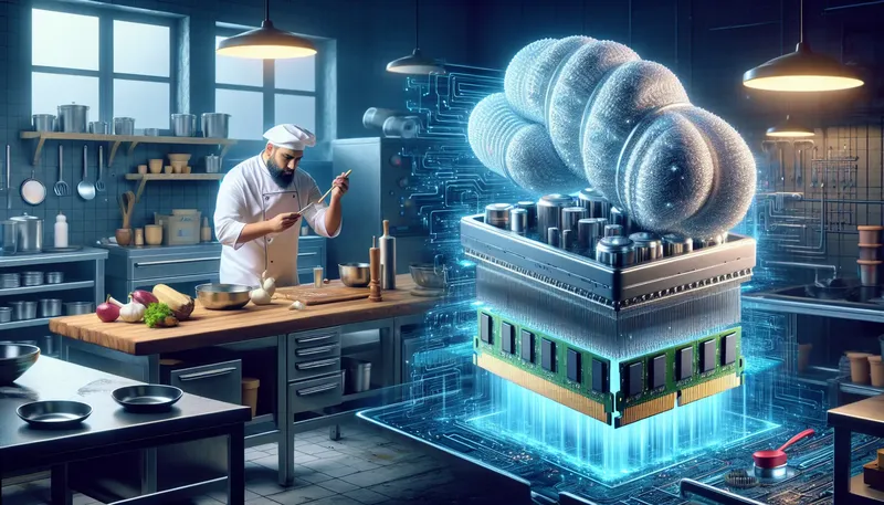 Hình ảnh minh họa CPU là bếp trưởng và RAM là bàn làm việc rộng rãi cho render 3D.