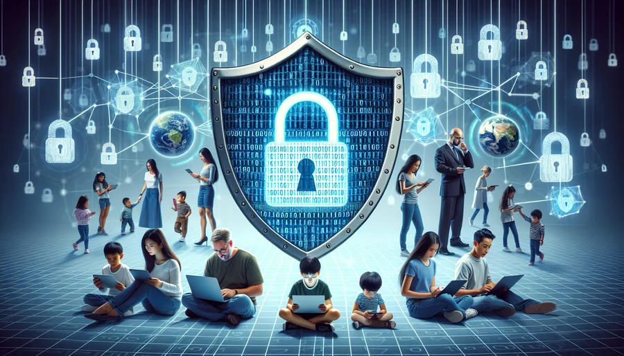 Hình ảnh minh họa khái niệm bảo mật trực tuyến năm 2025 với VPN bảo vệ nhiều thiết bị.