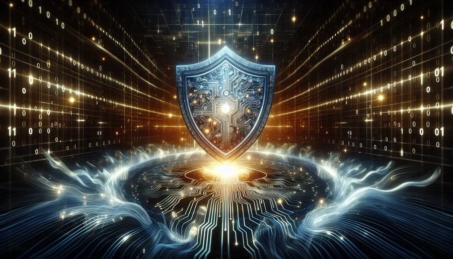 Hình ảnh minh họa khái niệm bảo mật VPN với chiếc khiên kỹ thuật số phát sáng trong không gian số.