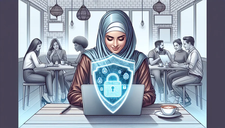 Hình ảnh minh họa người dùng laptop trong quán cà phê với lớp bảo vệ VPN.