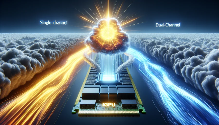 Hình ảnh minh họa RAM kênh đôi (Dual-Channel) giúp tăng gấp đôi băng thông, tối ưu hóa sức mạnh cho card đồ họa tích hợp.