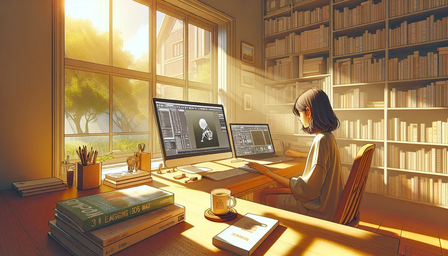 Hình ảnh một phòng học yên tĩnh, nơi một người trẻ đang chăm chú học 3ds Max trên máy tính hiệu suất cao, ánh sáng tự nhiên tràn ngập không gian.