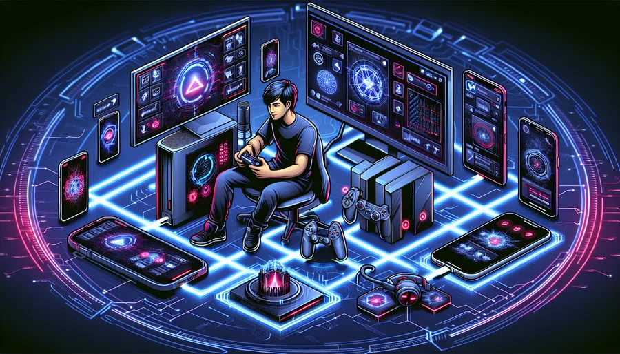 Hình ảnh nghệ thuật về game thủ cấu hình VPN trên nhiều thiết bị khác nhau, bao gồm PC, điện thoại thông minh và máy chơi game.