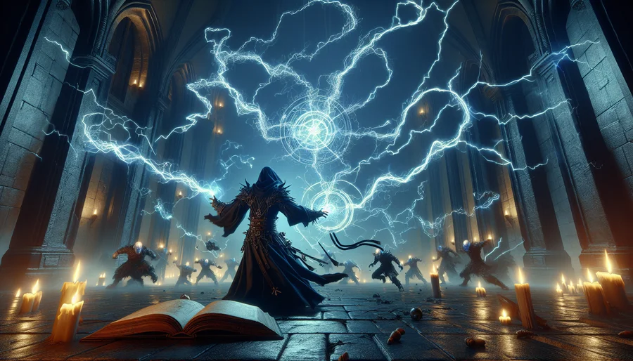 Hình ảnh nghệ thuật về Sorcerer trong Diablo 4 sử dụng phép thuật Chain Lightning trong trận chiến.