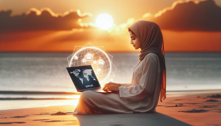 Hình ảnh người dùng laptop trên bãi biển với giao diện kết nối VPN.